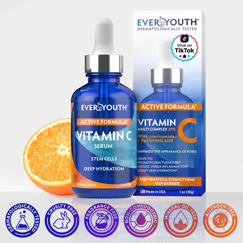 EVERYOUTH Vitamin C Serum for Face with Stem Cells, Niacinamide, Hyaluronic Acid – Retinol + Glycolic, Made in USA