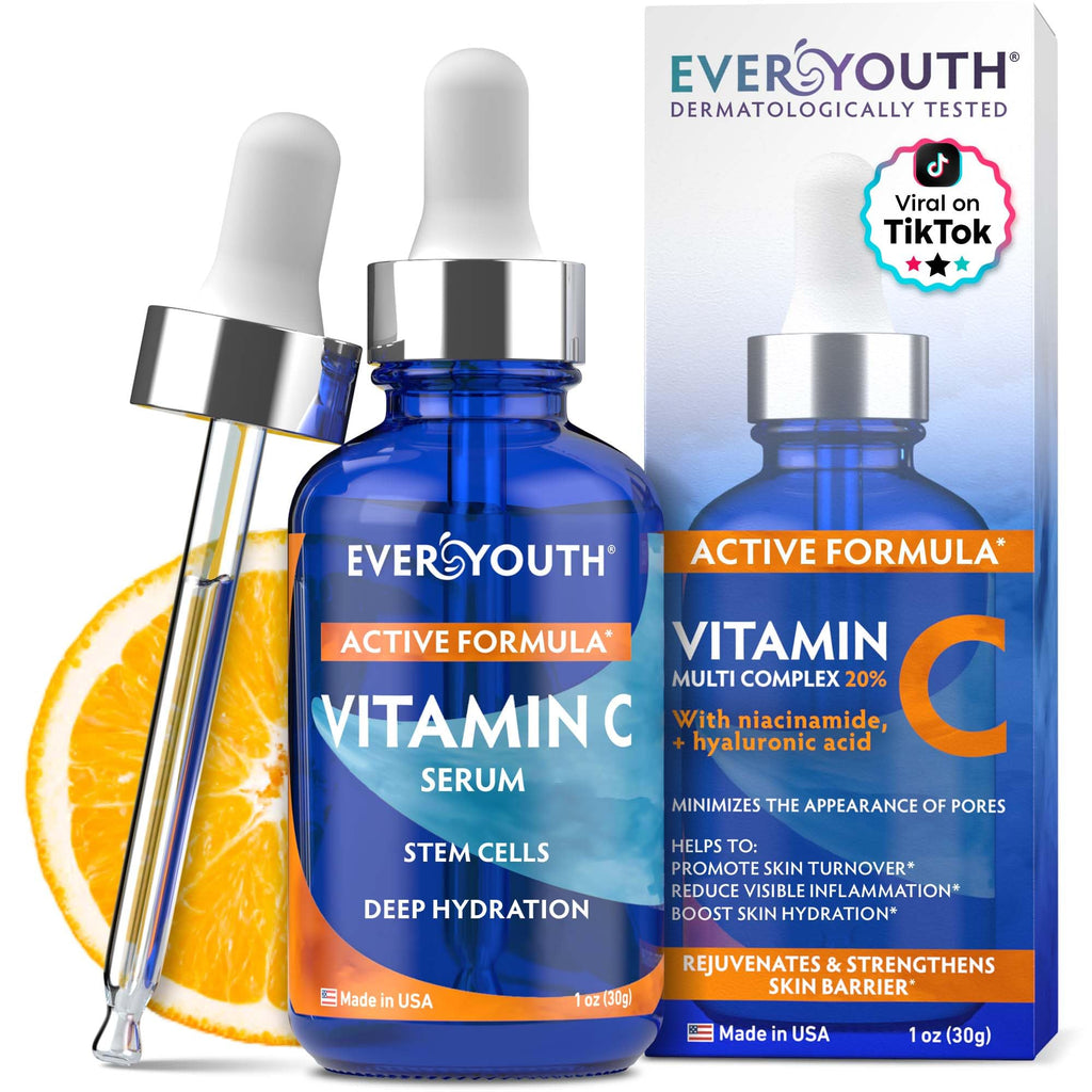 EVERYOUTH Vitamin C Serum for Face with Stem Cells, Niacinamide, Hyaluronic Acid – Retinol + Glycolic, Made in USA