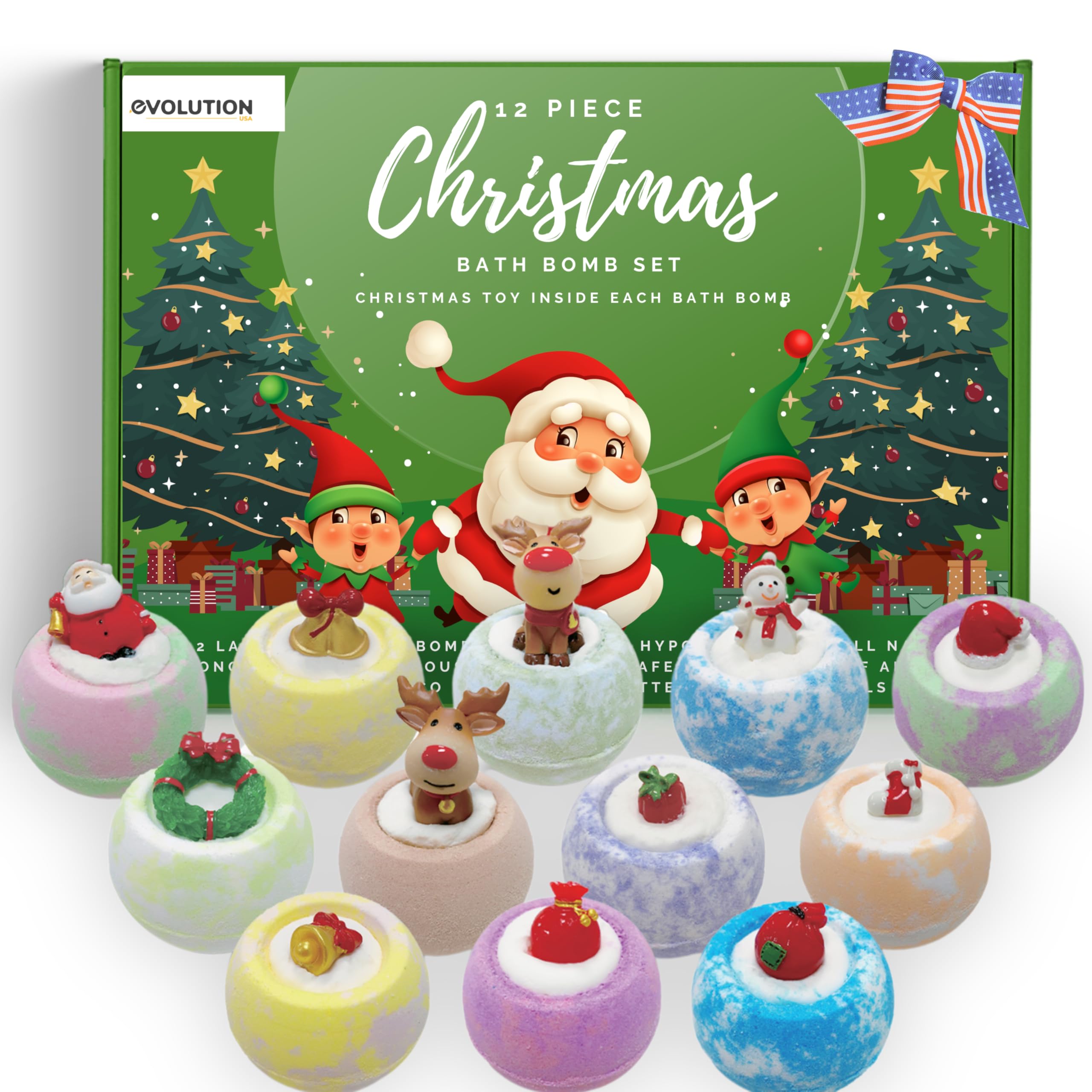 EvolutionUSA Christmas Bath Bombs for Kids – 12pc Holiday Set with Toy Inside