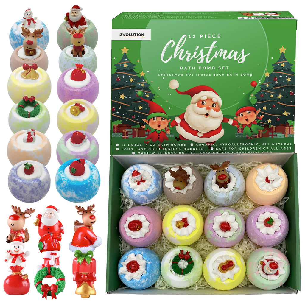 EvolutionUSA Christmas Bath Bombs for Kids – 12pc Holiday Set with Toy Inside