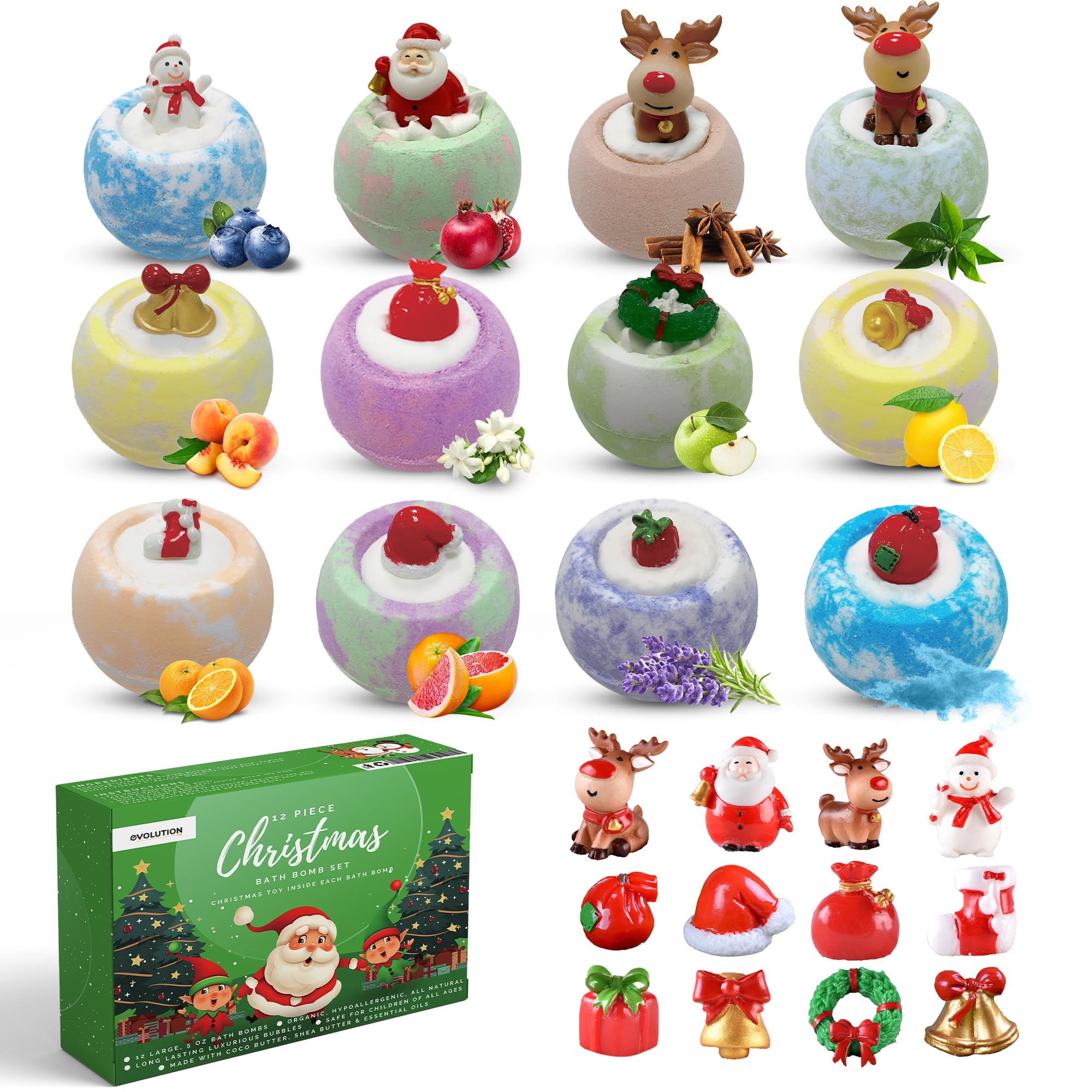 EvolutionUSA Christmas Bath Bombs for Kids – 12pc Holiday Set with Toy Inside