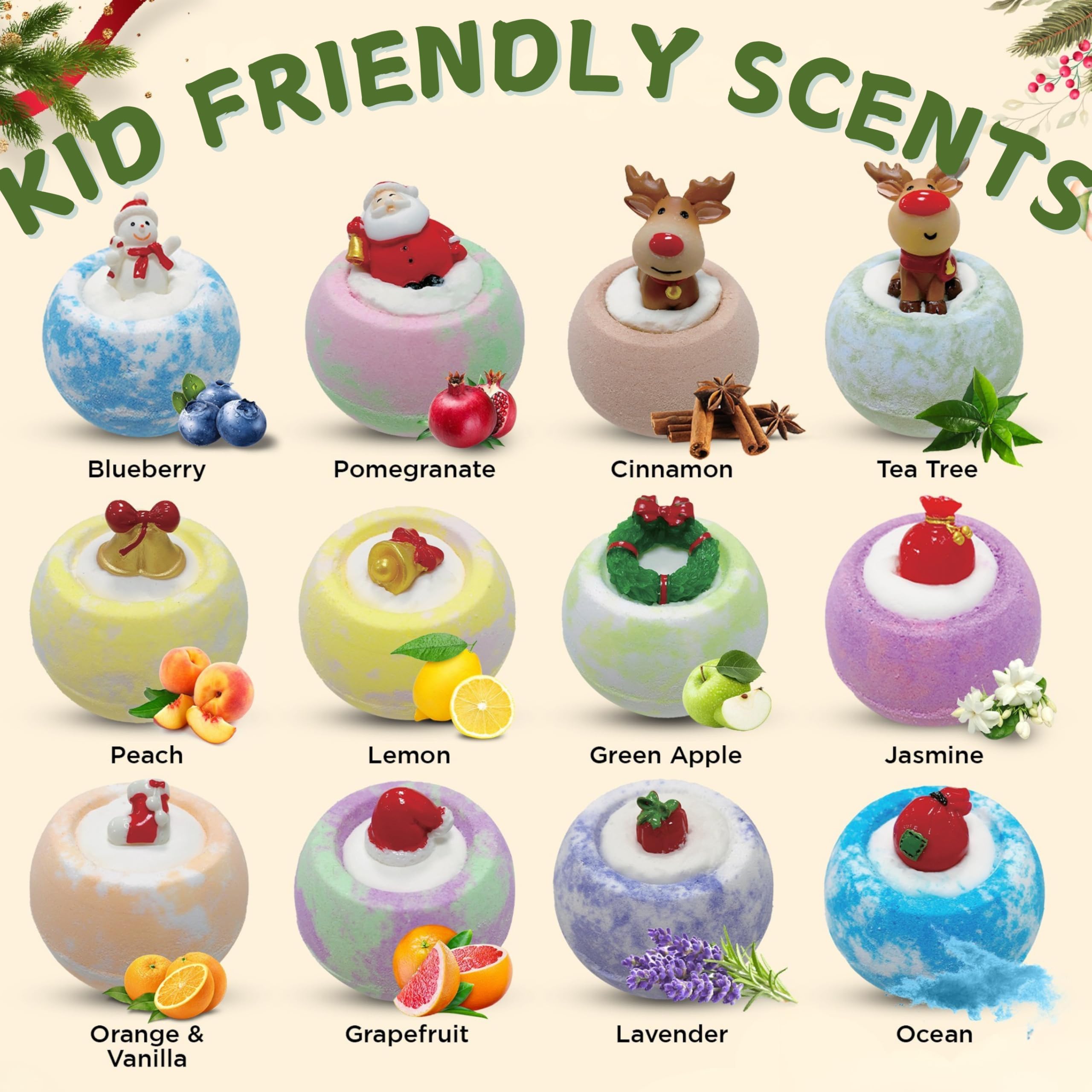 EvolutionUSA Christmas Bath Bombs for Kids – 12pc Holiday Set with Toy Inside