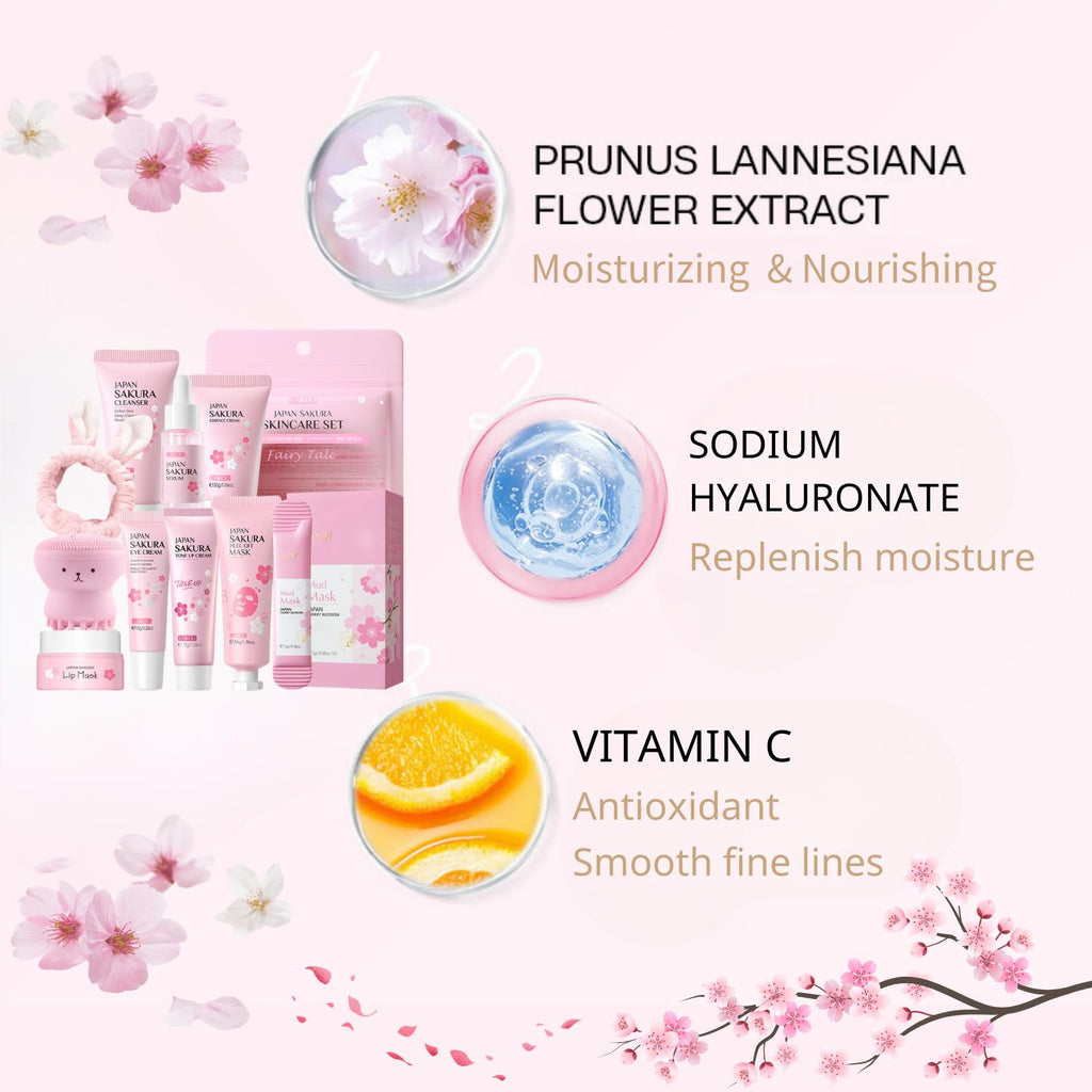 Evolvique Japan Sakura Skin Care Set for Teens – 8-Piece Gift Kit
