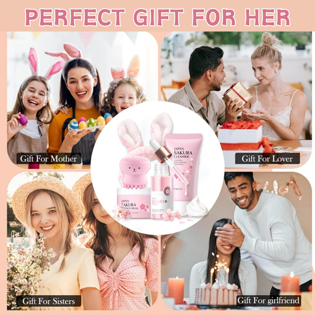 Evolvique Sakura Skincare Set for Teens – Hydrating Travel Kit (5-piece) with Cleanser, Serum, Cream, Bunny Headband & Cleansing Brush