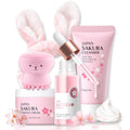 Evolvique Sakura Skincare Set for Teens – Hydrating Travel Kit (5-piece) with Cleanser, Serum, Cream, Bunny Headband & Cleansing Brush