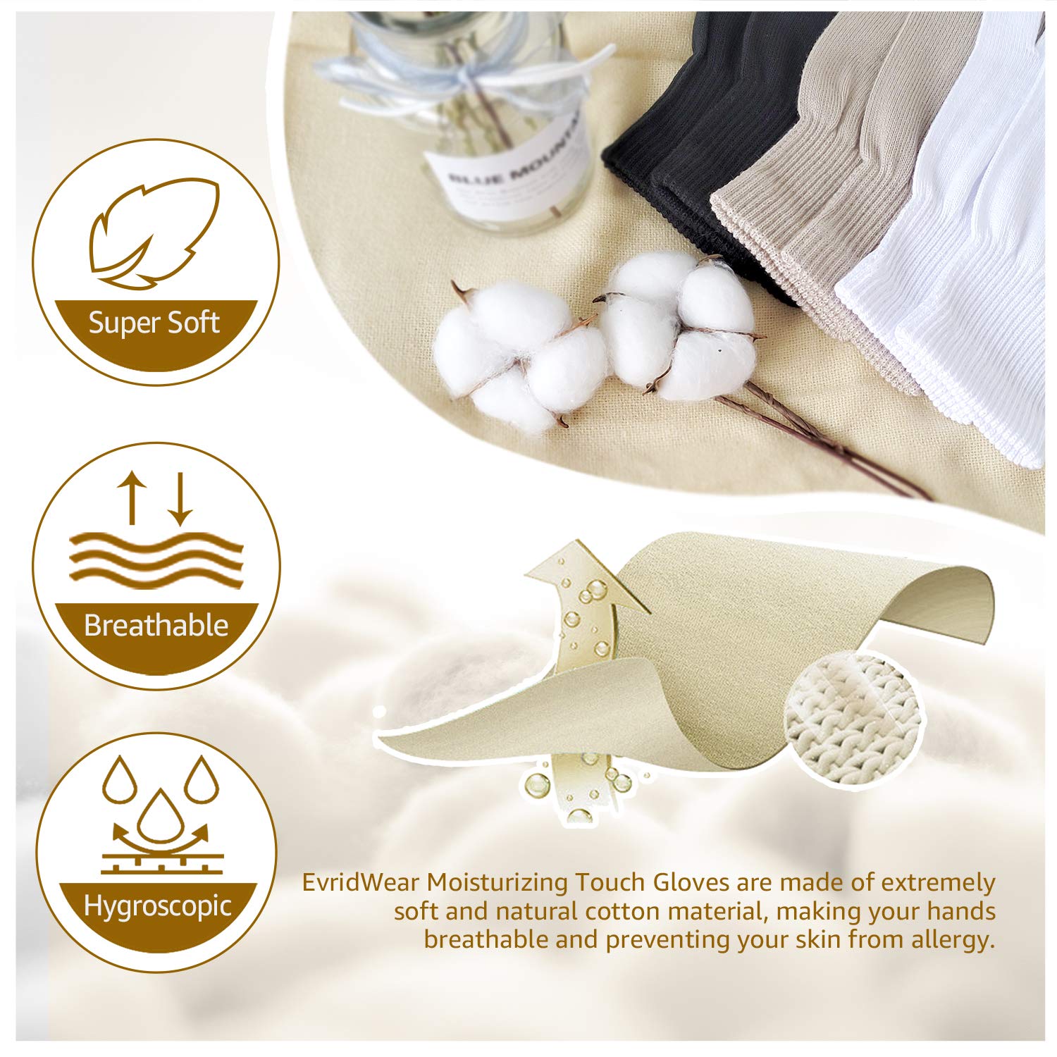 Evridwear Men Moisturizing Cotton Gloves with Touchscreen Fingertips – Overnight Hand Care, 6 Pairs, XS, Black