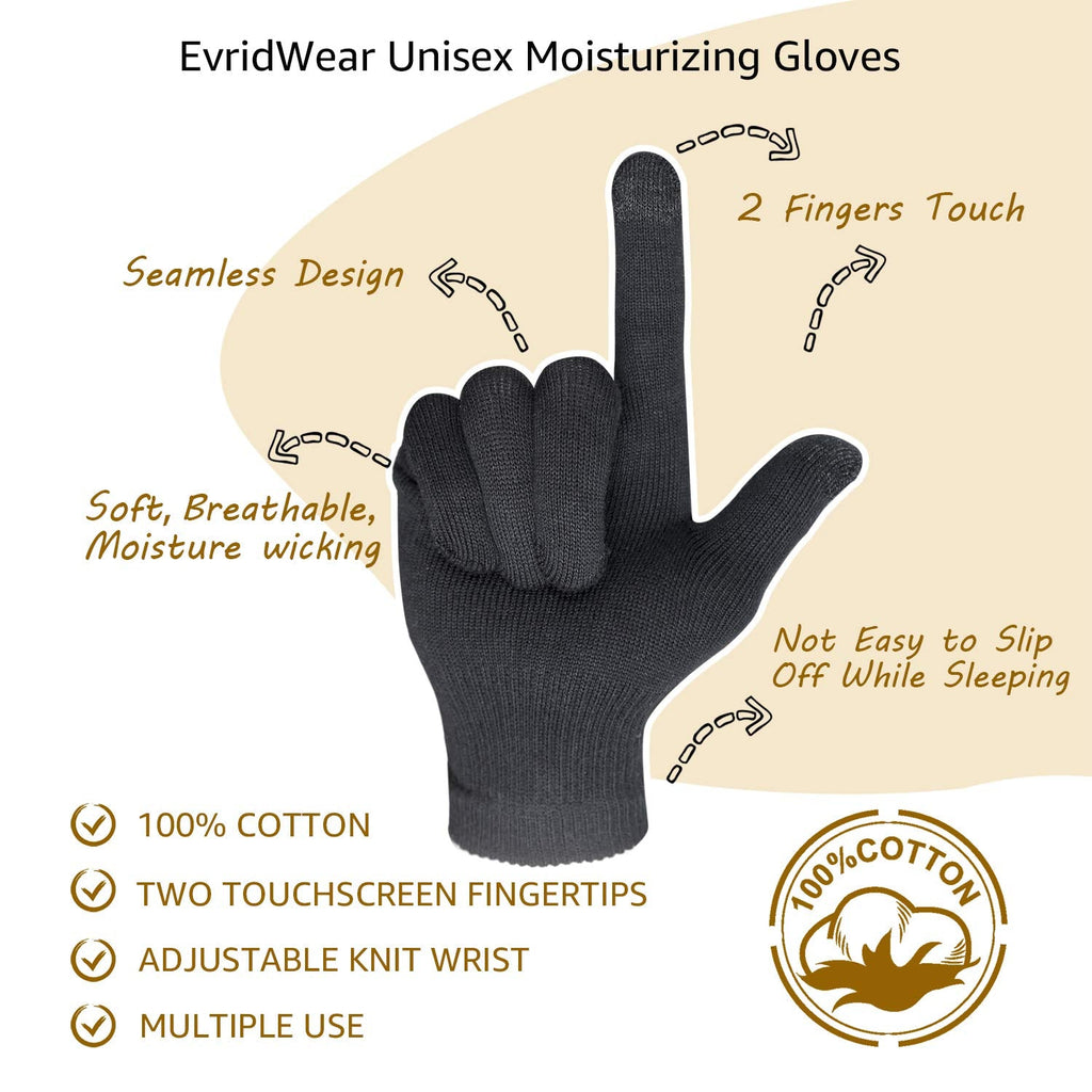 Evridwear Men Moisturizing Cotton Gloves with Touchscreen Fingertips – Overnight Hand Care, 6 Pairs, XS, Black