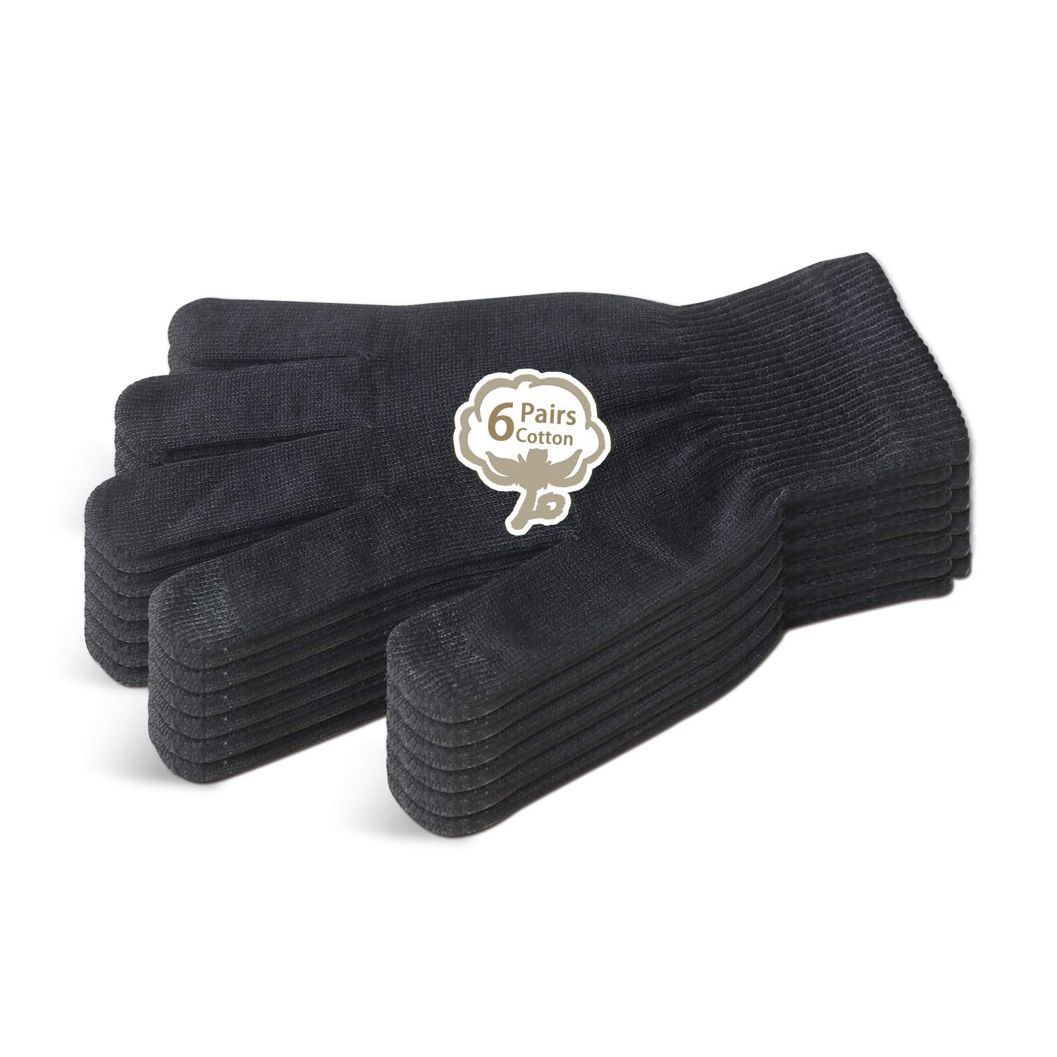 Evridwear Men Moisturizing Cotton Gloves with Touchscreen Fingertips – Overnight Hand Care, 6 Pairs, XS, Black