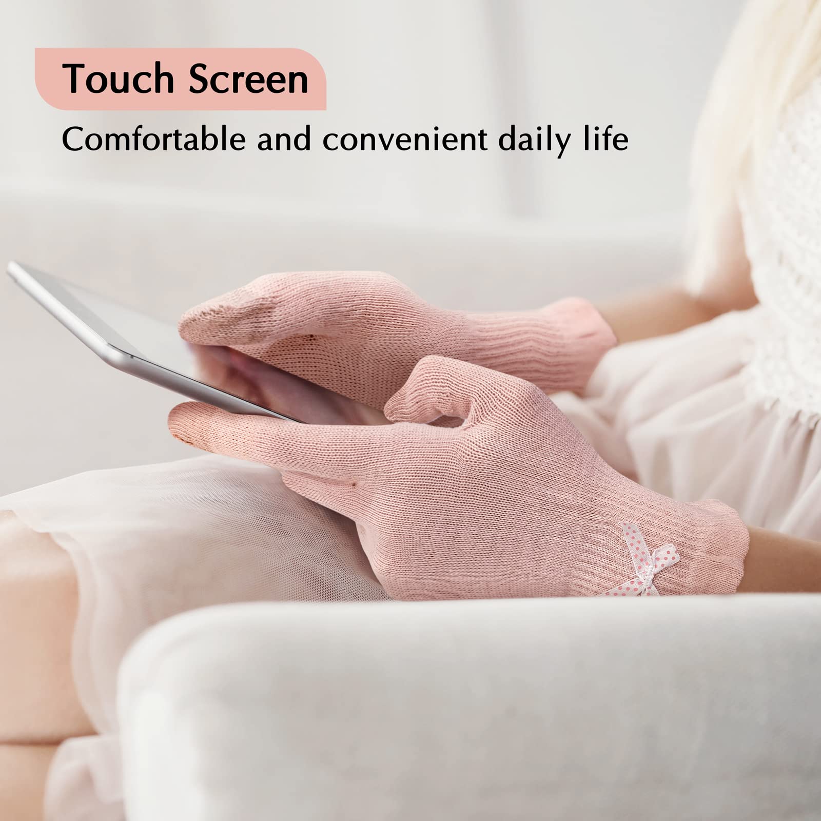 Evridwear Beauty Cotton Gloves with Touchscreen Fingers – 6 Pairs (S/M), Featherweight & Lightweight Pink