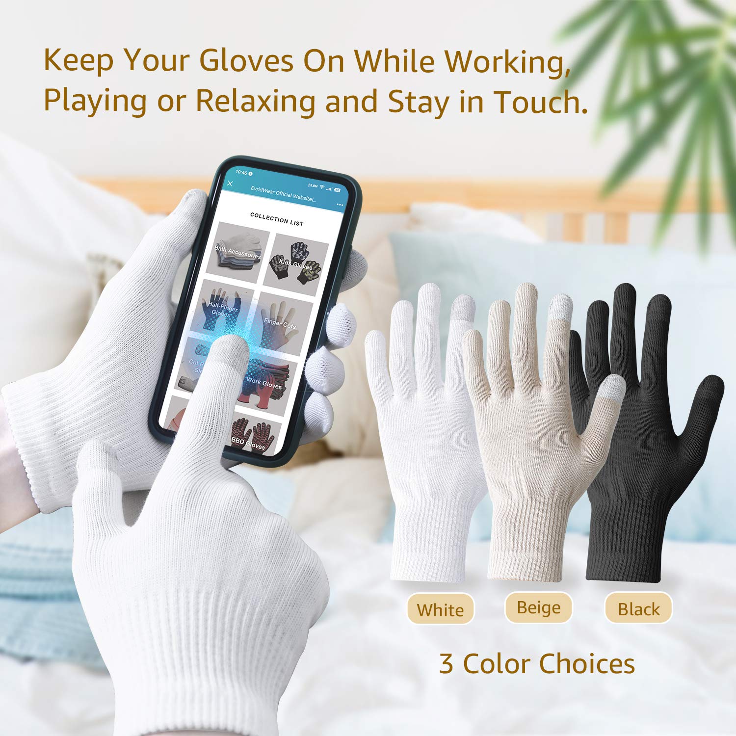 Evridwear Unisex Moisturizing Cotton Gloves with Touchscreen Tips - 6 Pairs, S/M, Beige