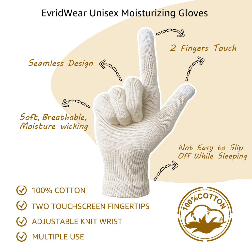 Evridwear Unisex Moisturizing Cotton Gloves with Touchscreen Tips - 6 Pairs, S/M, Beige