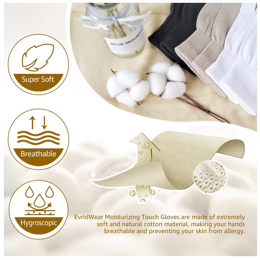 Evridwear Unisex Moisturizing Cotton Gloves with Touchscreen Tips - 6 Pairs, S/M, Beige