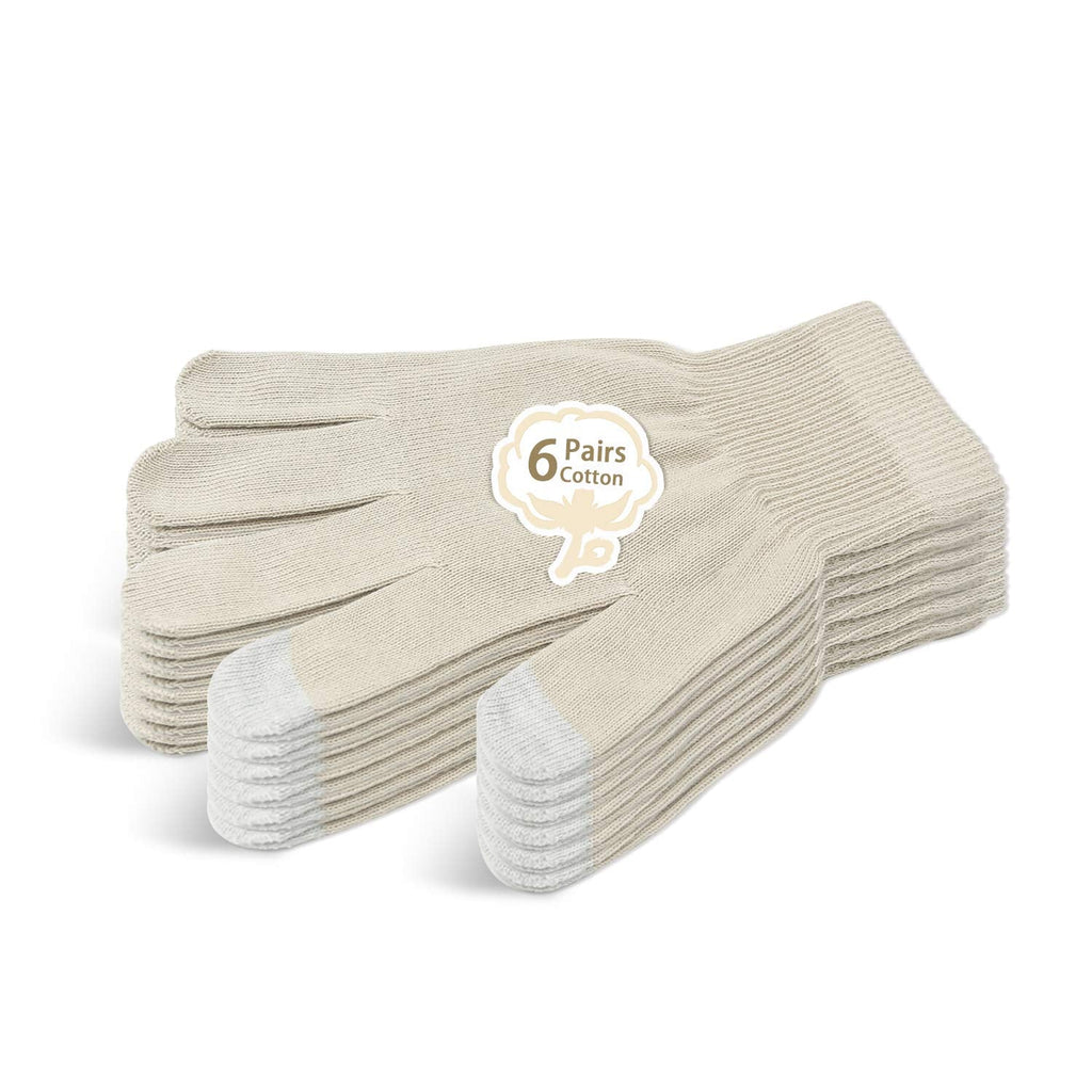 Evridwear Unisex Moisturizing Cotton Gloves with Touchscreen Tips - 6 Pairs, S/M, Beige