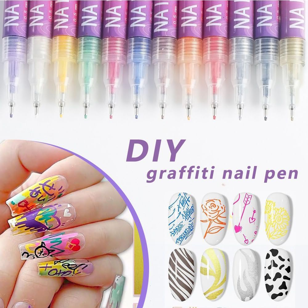 EVSISOK 12 Colors Nail Art Pens Set – Quick-Dry 3D Gel Nail Art for DIY Manicures