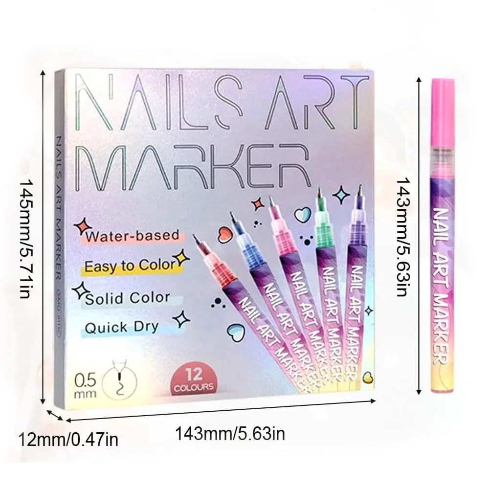 EVSISOK 12 Colors Nail Art Pens Set – Quick-Dry 3D Gel Nail Art for DIY Manicures