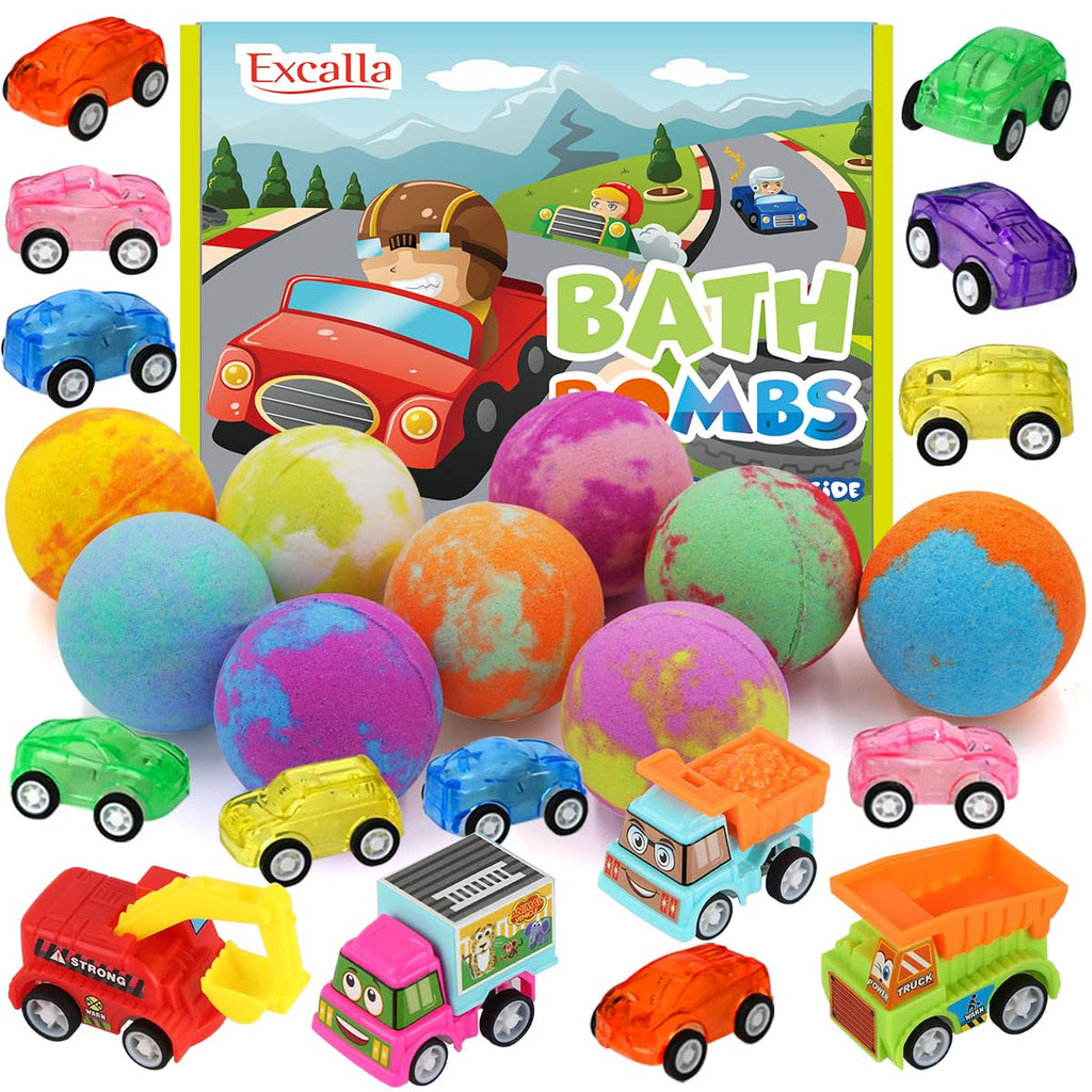 Excalla 9-Pack Kids Bath Bombs with Pull-Back Cars – Colorful Bubbles & Fragrance