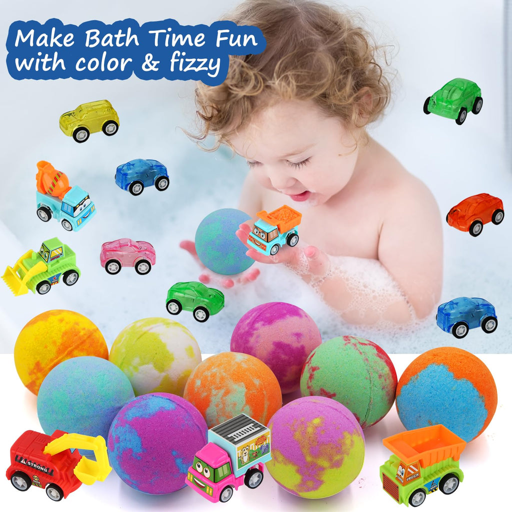 Excalla 9-Pack Kids Bath Bombs with Pull-Back Cars – Colorful Bubbles & Fragrance