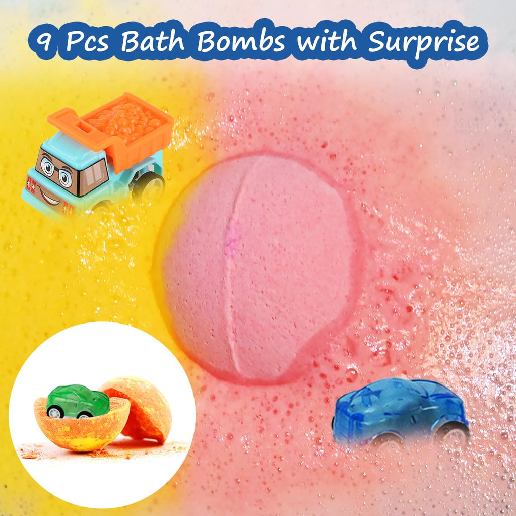 Excalla 9-Pack Kids Bath Bombs with Pull-Back Cars – Colorful Bubbles & Fragrance
