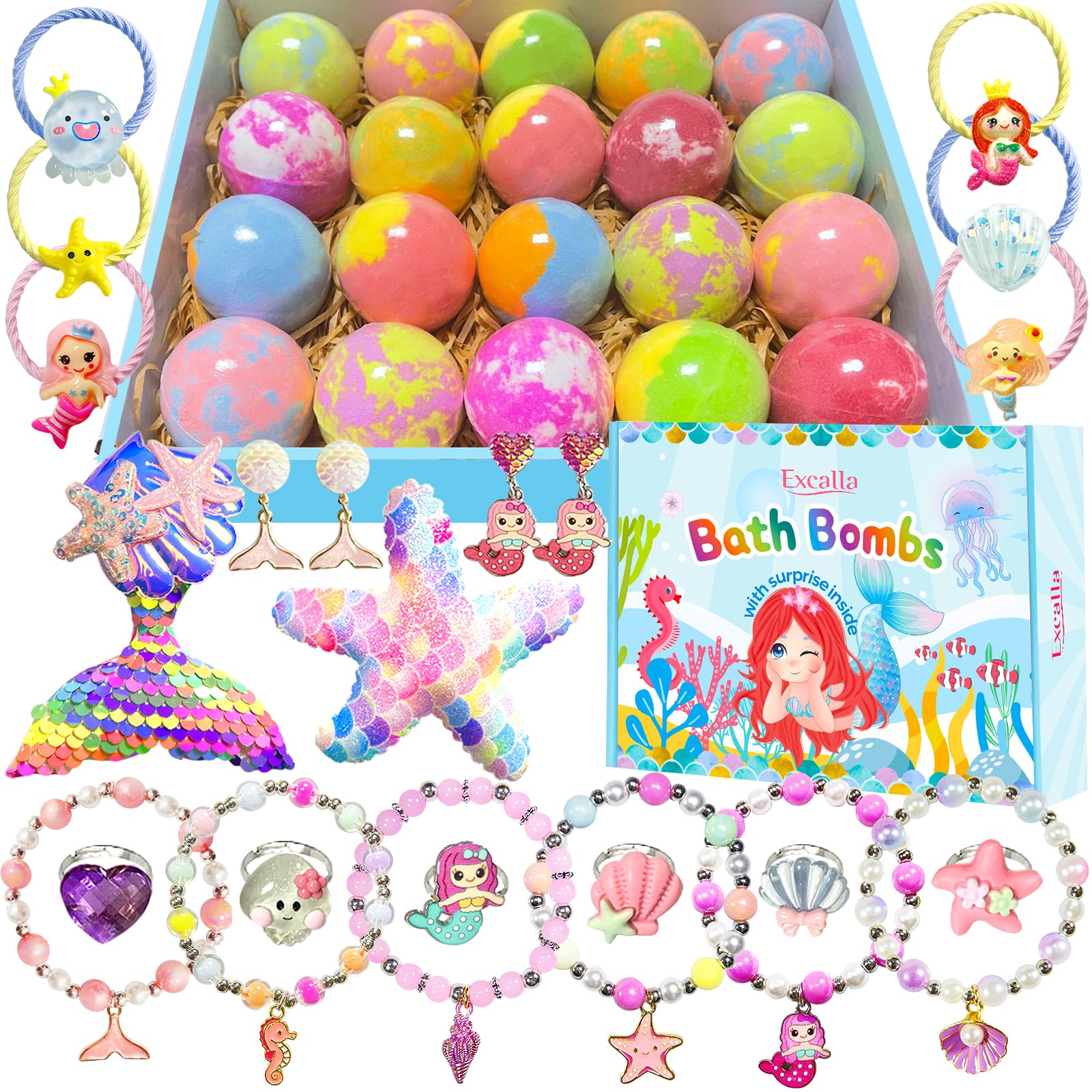 Excalla Mermaid Bath Bombs for Girls – 20 Surprises with Jewelry Toys