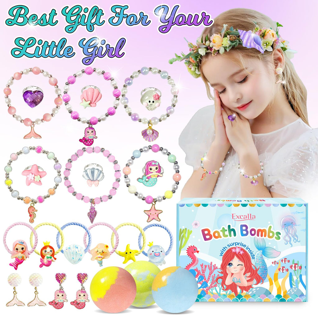 Excalla Mermaid Bath Bombs for Girls – 20 Surprises with Jewelry Toys