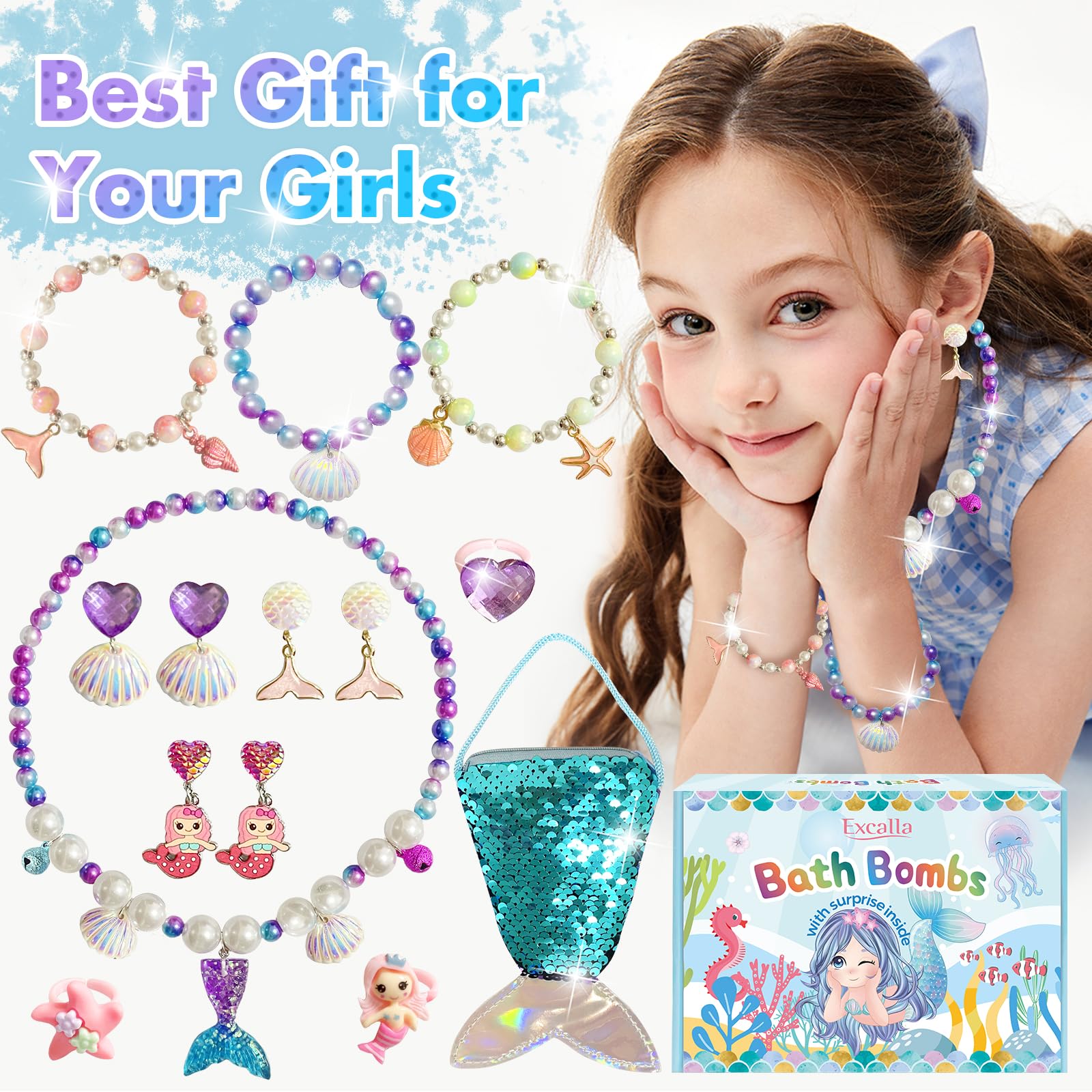 Excalla Mermaid Bath Bombs with Jewelry Inside – 9 Scents Kids Gift Set