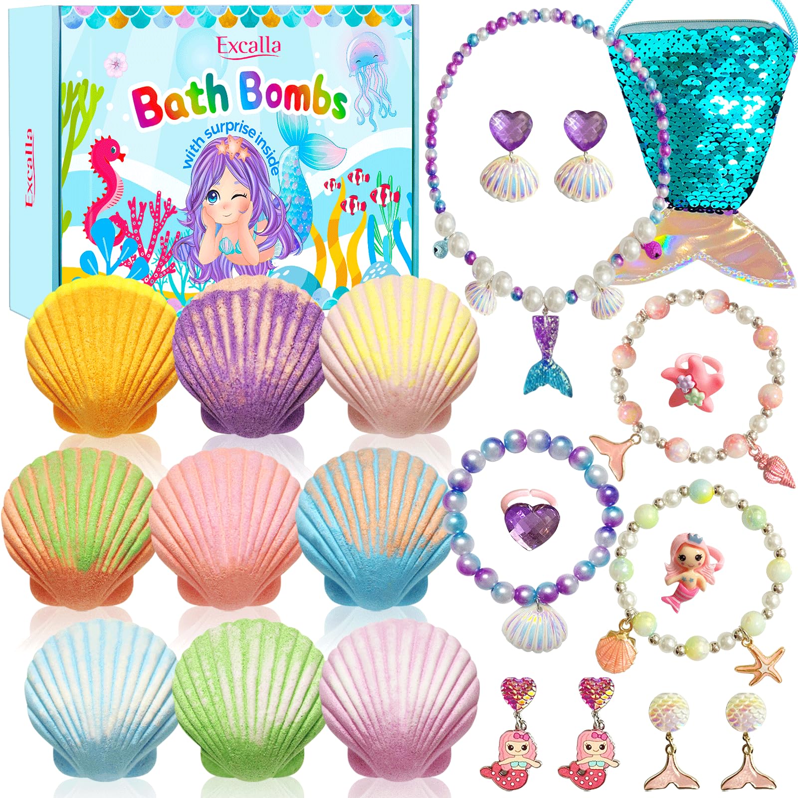 Excalla Mermaid Bath Bombs with Jewelry Inside – 9 Scents Kids Gift Set