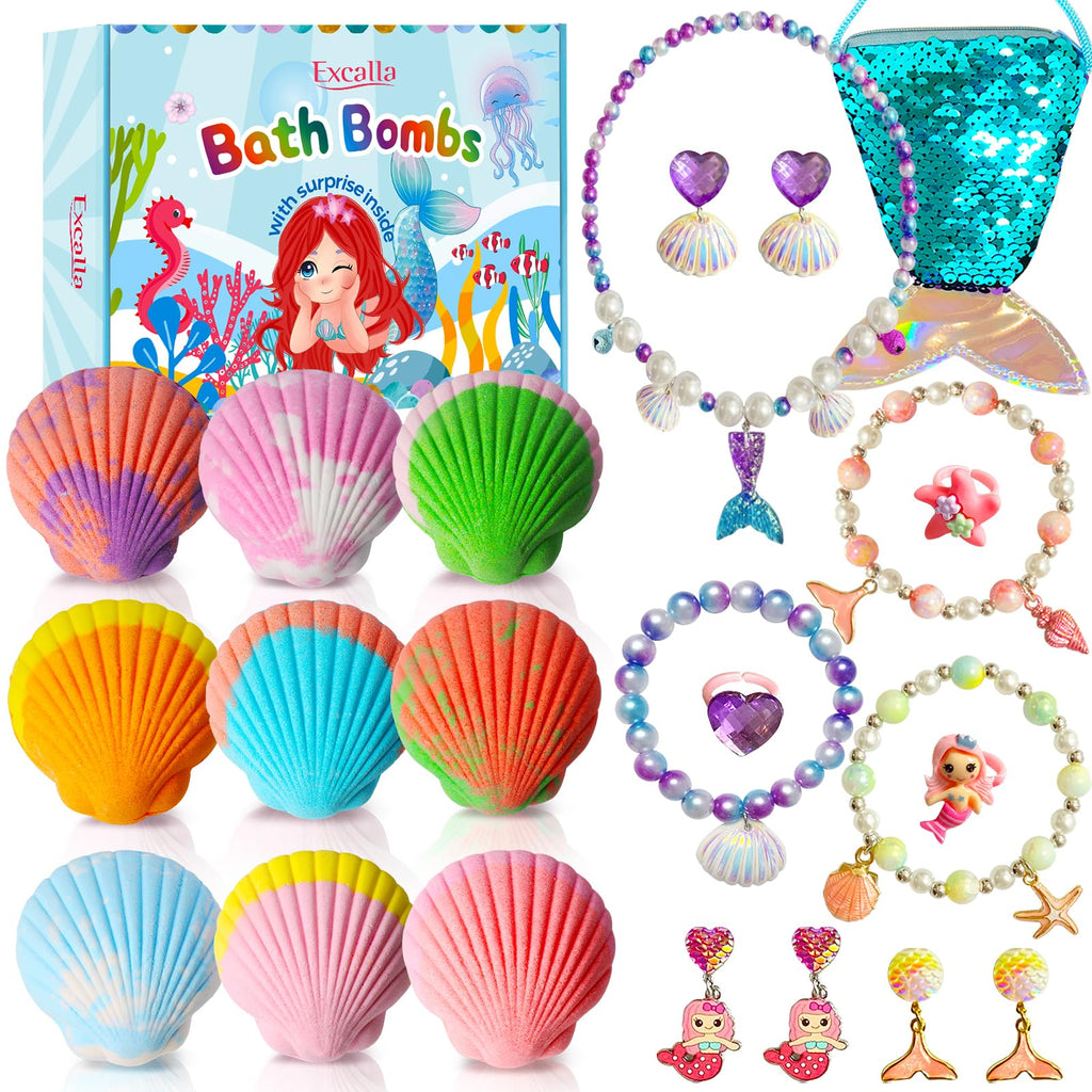 Excalla Mermaid Bath Bombs with Jewelry Inside – 9 Scents Kids Gift Set