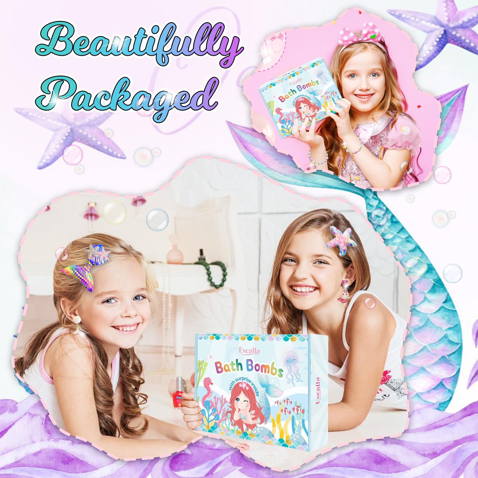 Excalla Mermaid Bath Bombs for Girls – 20 Surprises with Jewelry Toys