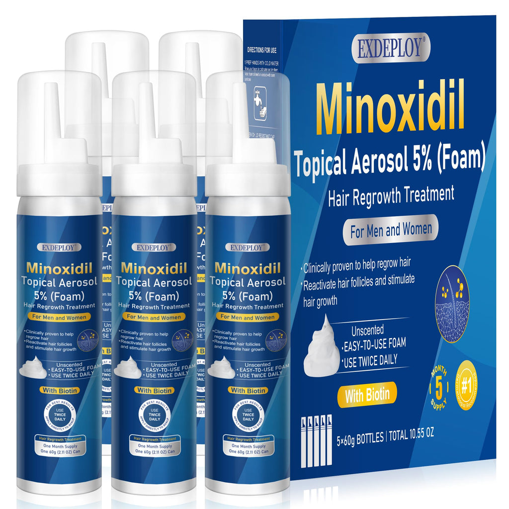 Exdeploy 5% Minoxidil Foam for Men – 5-Pack with Biotin (10.5 oz total)