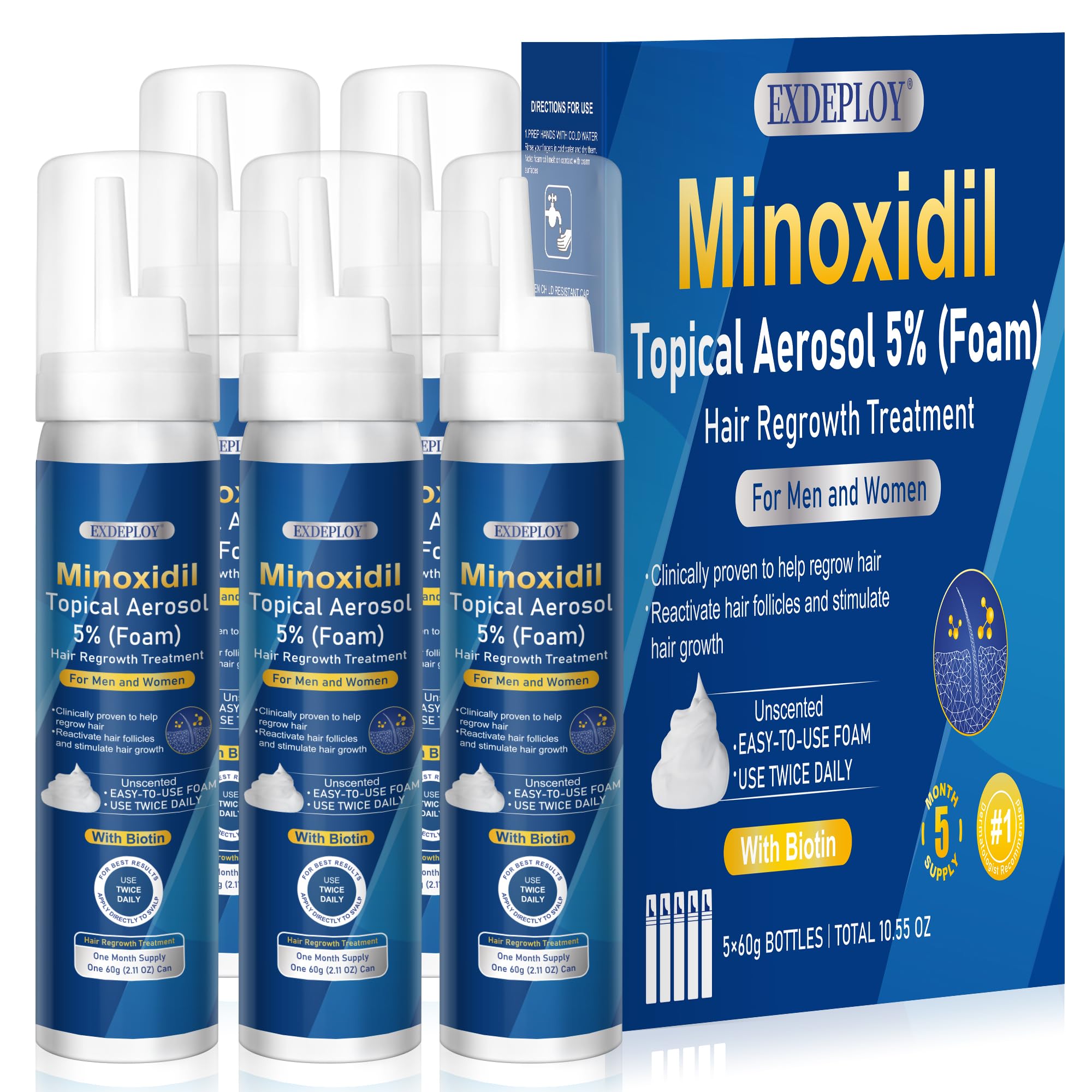 Exdeploy 5% Minoxidil Foam for Men – 5-Pack with Biotin (10.5 oz total)