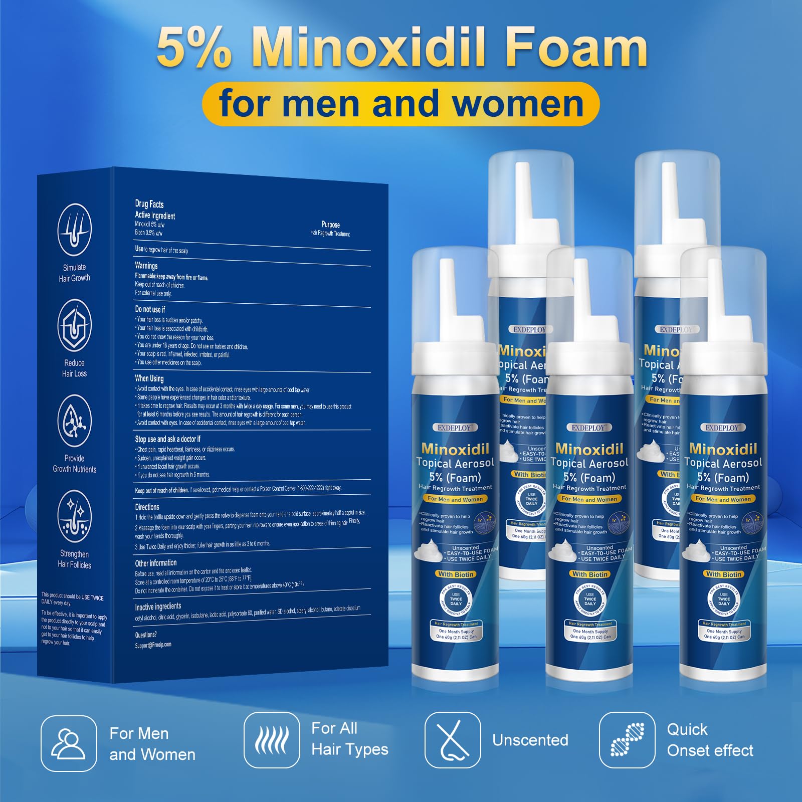 Exdeploy 5% Minoxidil Foam for Men – 5-Pack with Biotin (10.5 oz total)