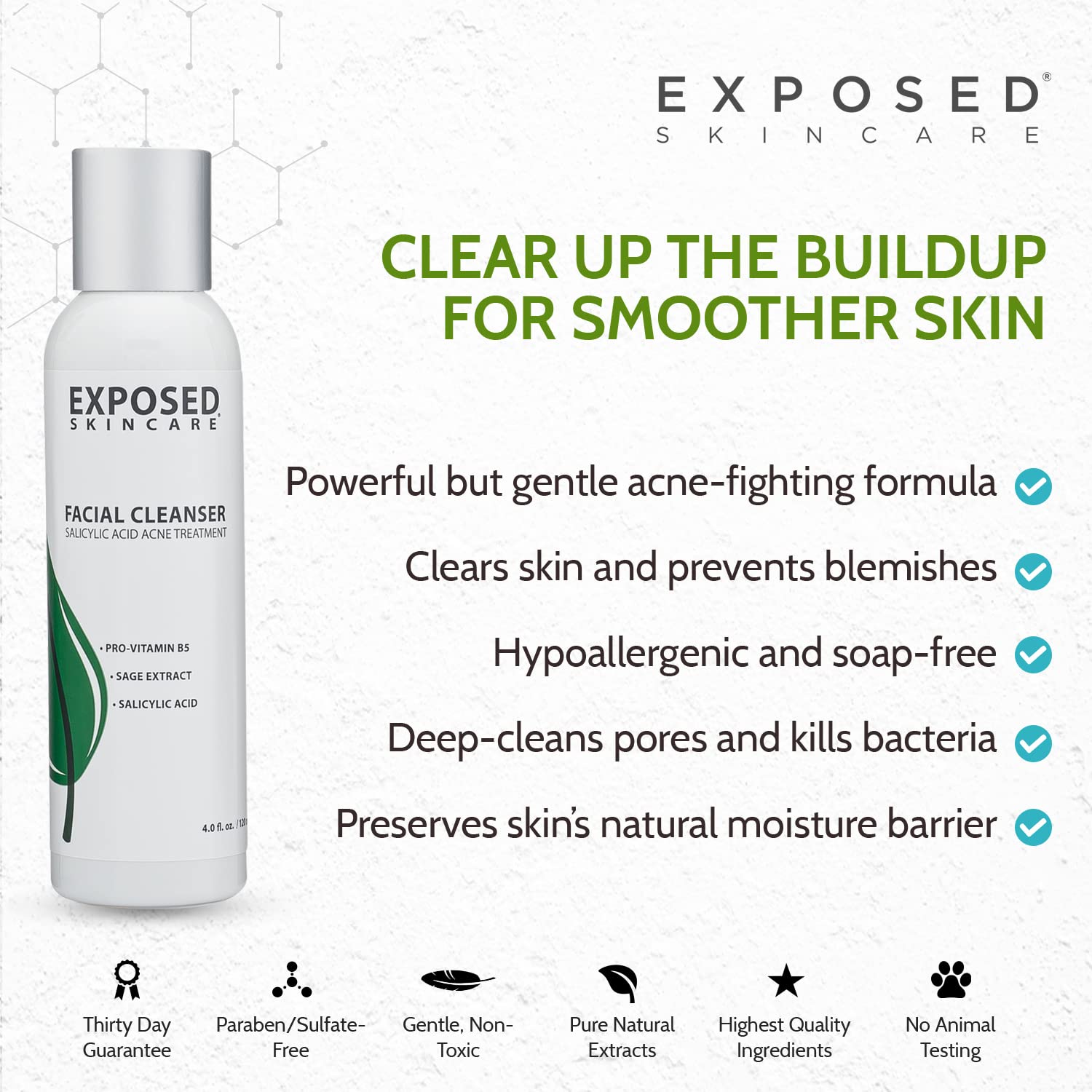 Exposed Skin Care Acne Facial Cleanser with 0.5% Salicylic Acid — Gentle Daily Wash for Sensitive & Acne-Prone Skin
