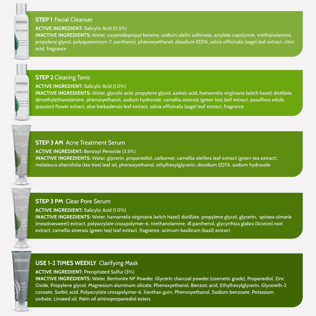 Exposed Skin Care Acne Treatment Kit — 2.5% Salicylic Acid + 3.5% Benzoyl Peroxide, Natural & Cruelty-Free