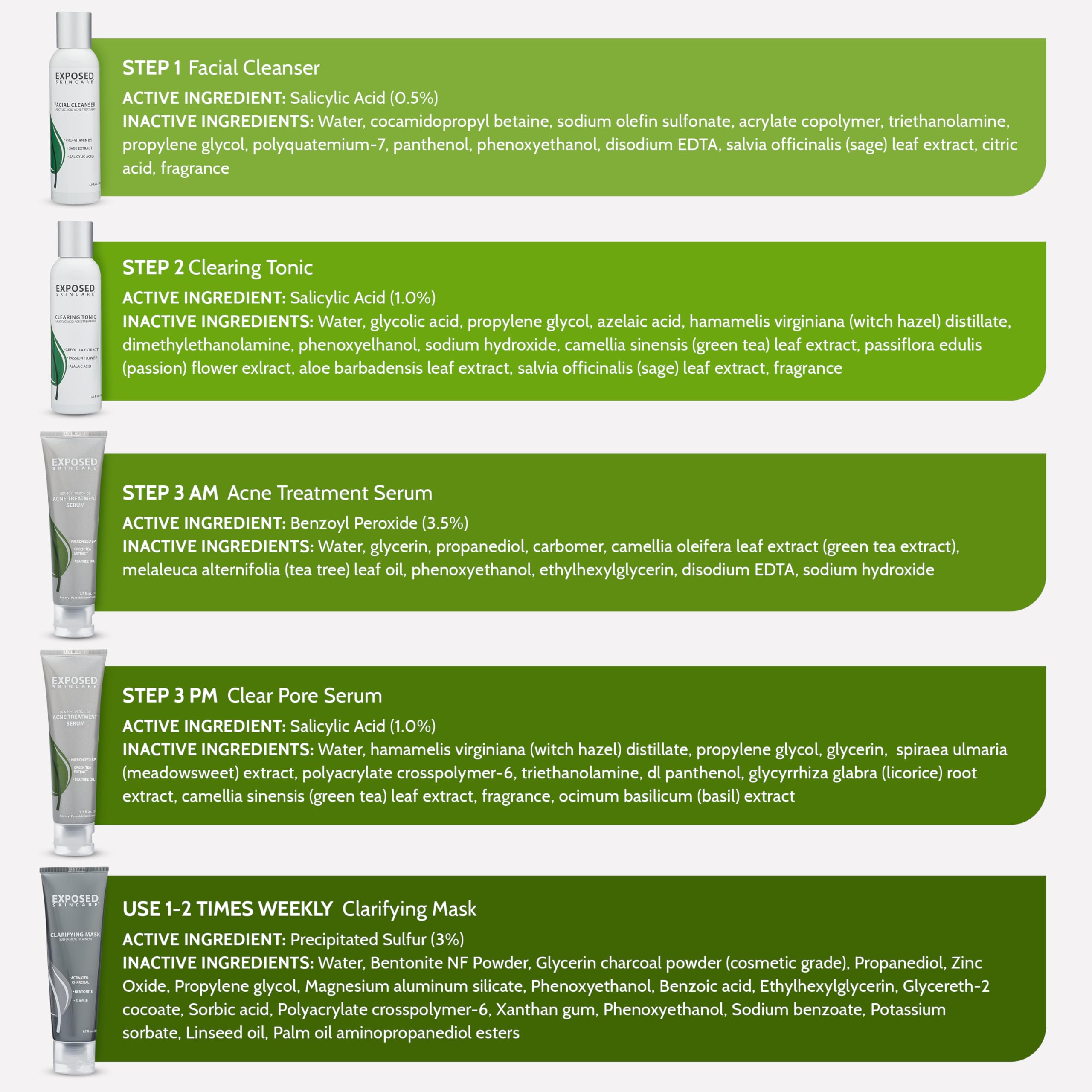 Exposed Skin Care Acne Treatment Kit — 2.5% Salicylic Acid + 3.5% Benzoyl Peroxide, Natural & Cruelty-Free