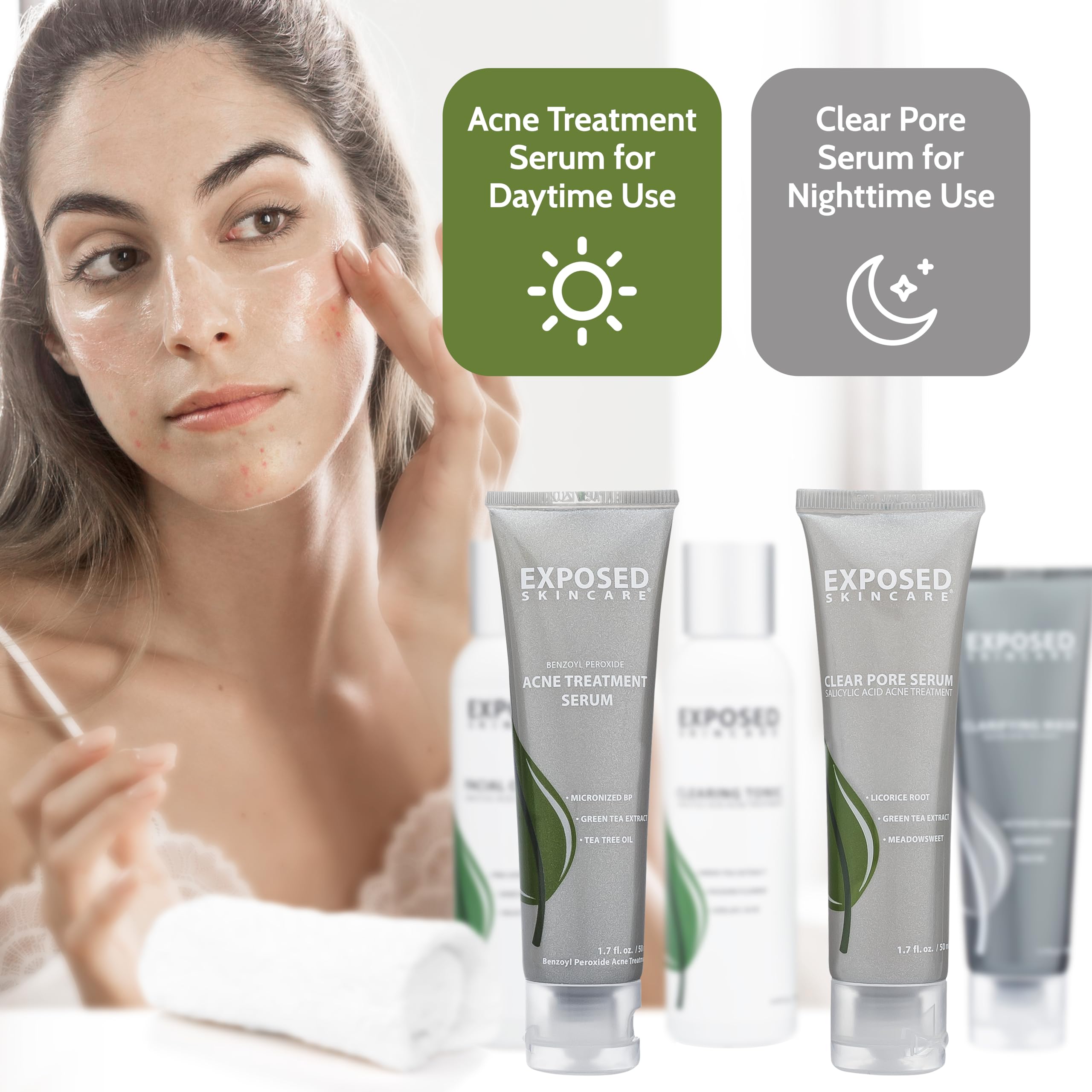 Exposed Skin Care Acne Treatment Kit — 2.5% Salicylic Acid + 3.5% Benzoyl Peroxide, Natural & Cruelty-Free