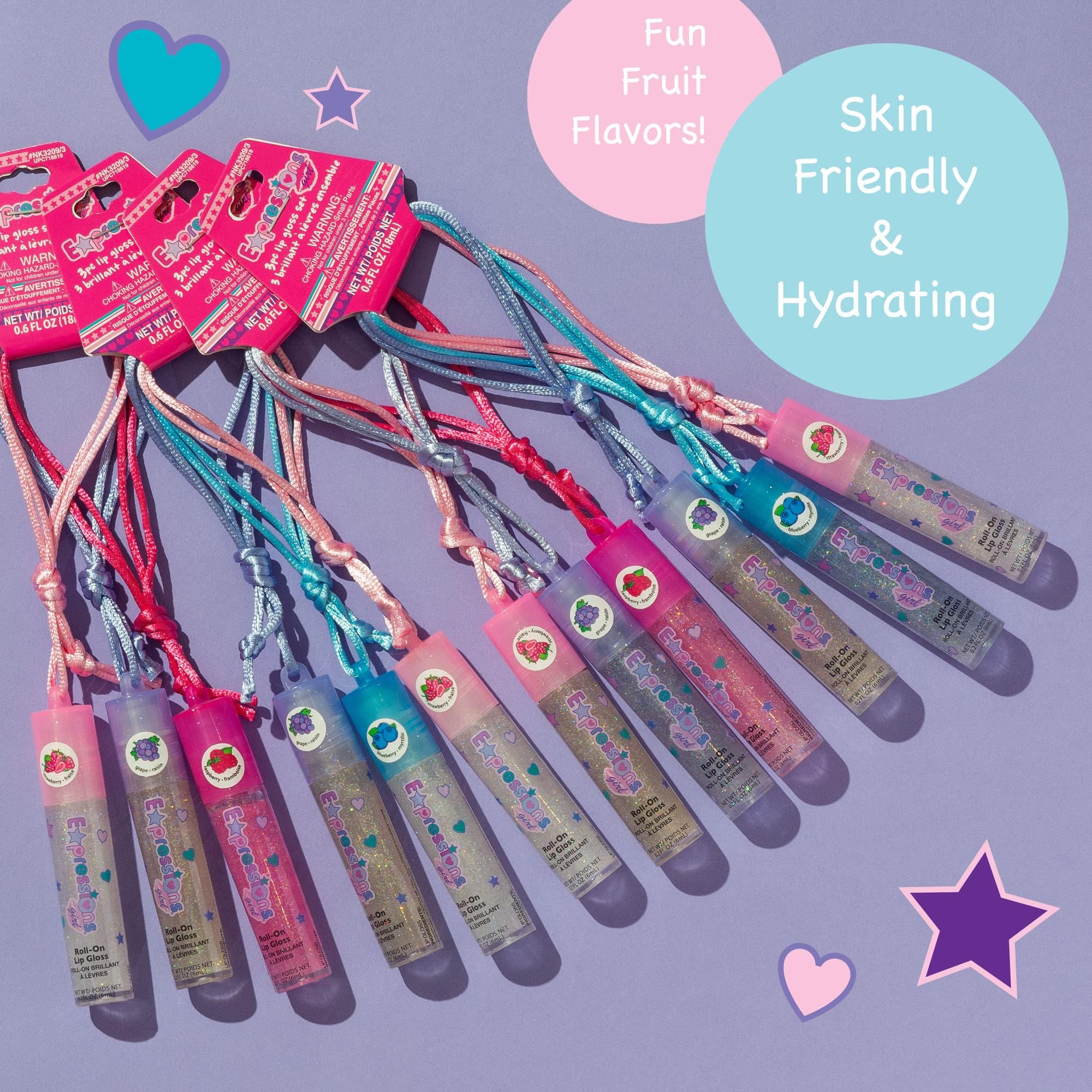 EXPRESSIONS 12pc Lip Gloss Necklace Set – Fruit Flavored, Non-Toxic Party Favors