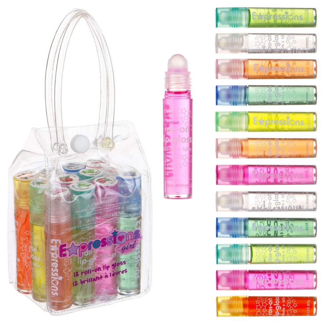Expressions girl 12pc Roll-On Lip Gloss Set with Carrying Case – Non-Toxic, Kid-Friendly Fruity Lip Gloss Collection