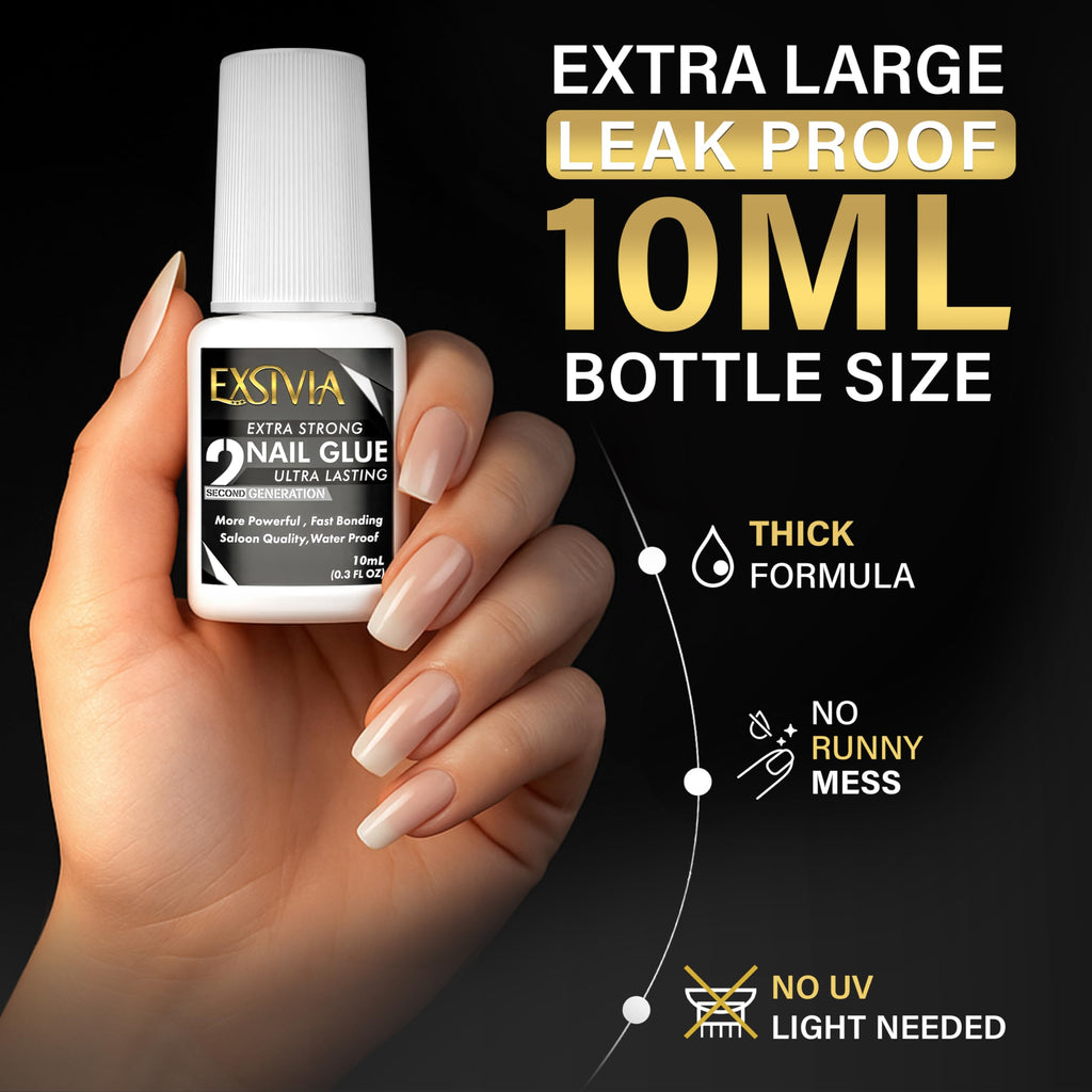 EXSIVIA Super Strong 2nd Gen Nail Glue Kit – 10ml Glue + Acetone-Free Remover (50ml)