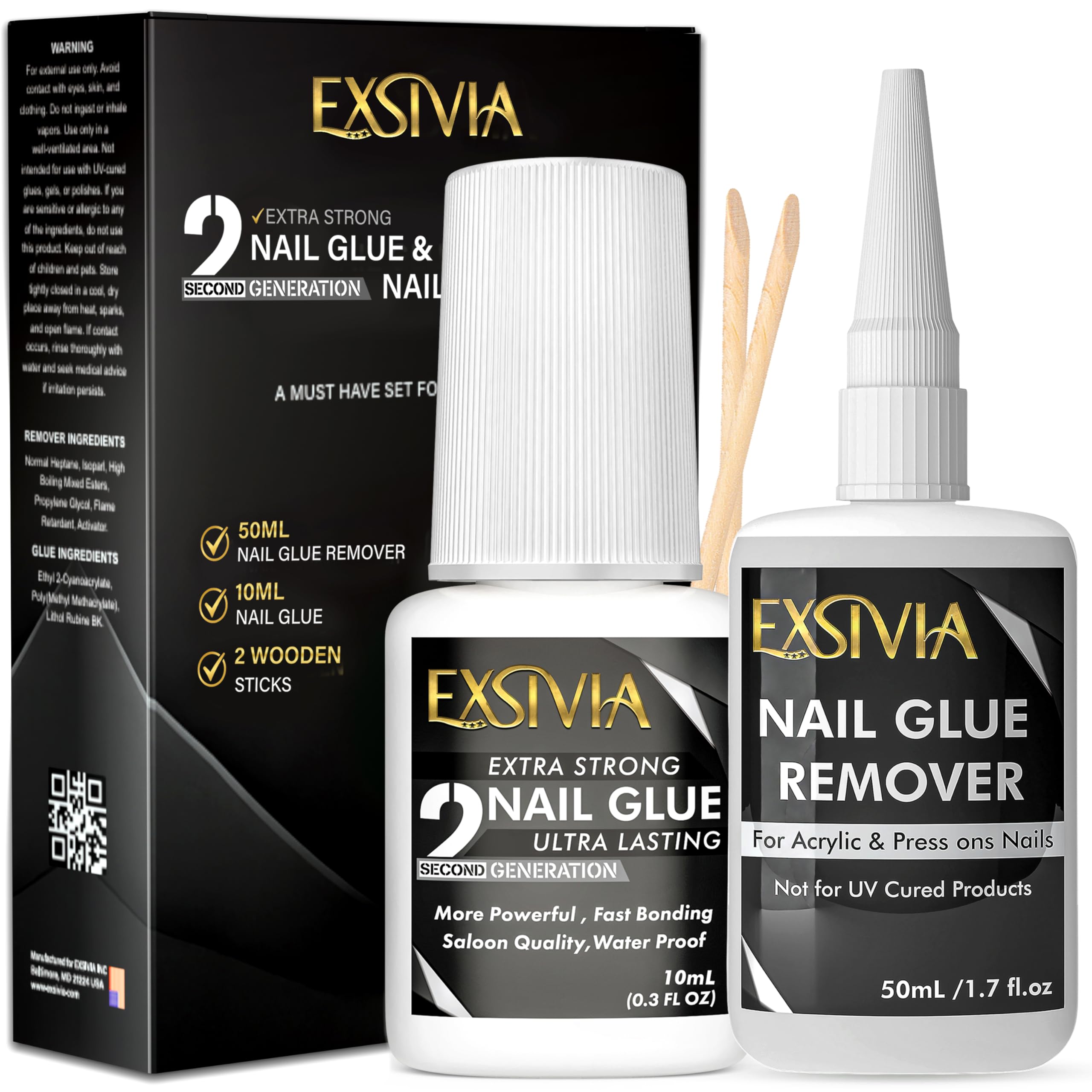 EXSIVIA Super Strong 2nd Gen Nail Glue Kit – 10ml Glue + Acetone-Free Remover (50ml)