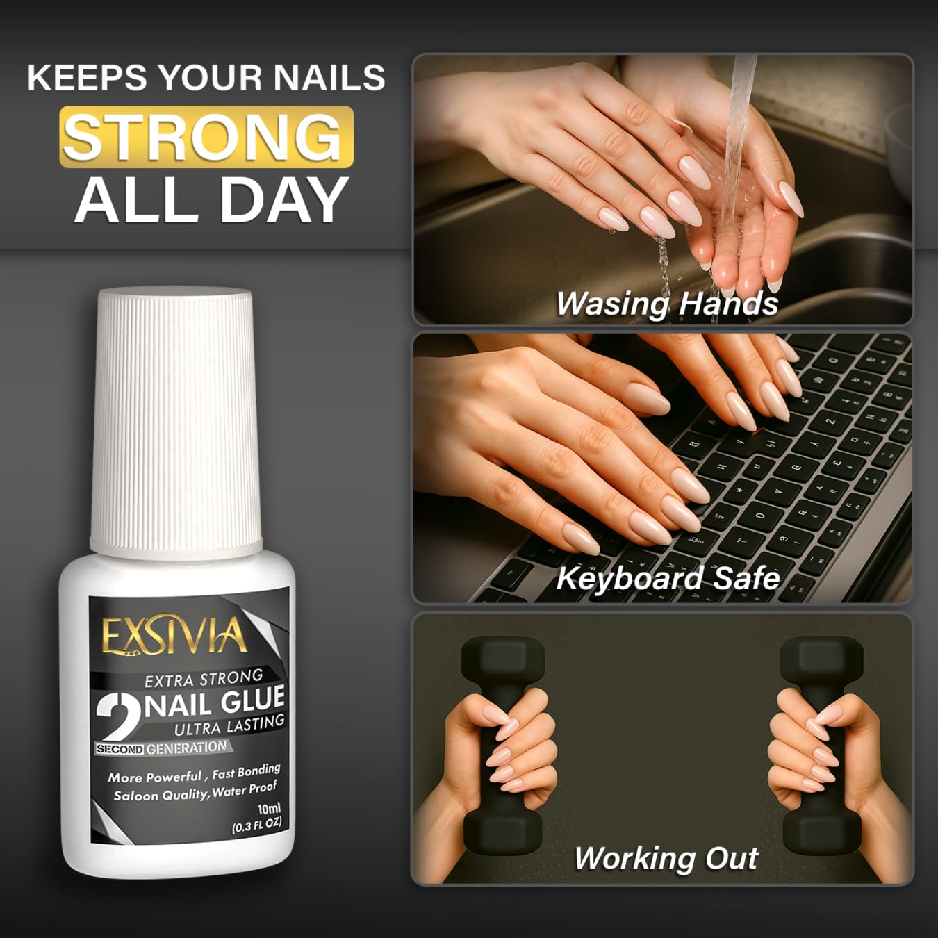 EXSIVIA Super Strong 2nd Gen Nail Glue Kit – 10ml Glue + Acetone-Free Remover (50ml)