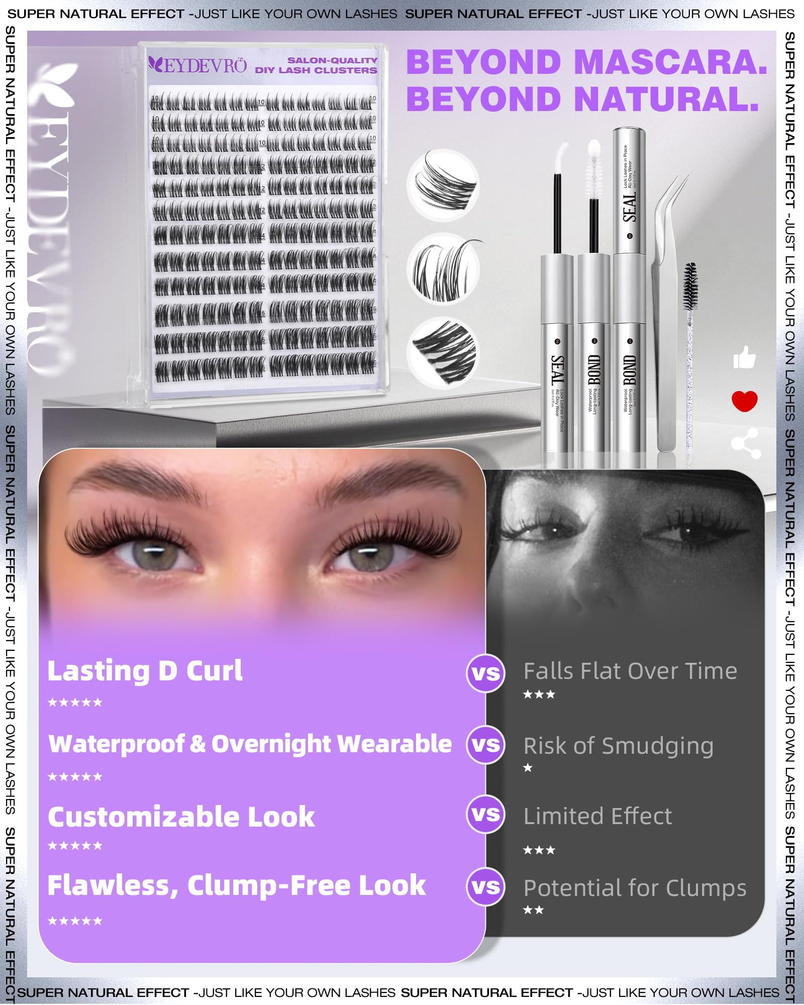 EYDEVRO Natural Lash Clusters Kit - Wispy D-Curl 10-16mm Lashes + Bond & Seal