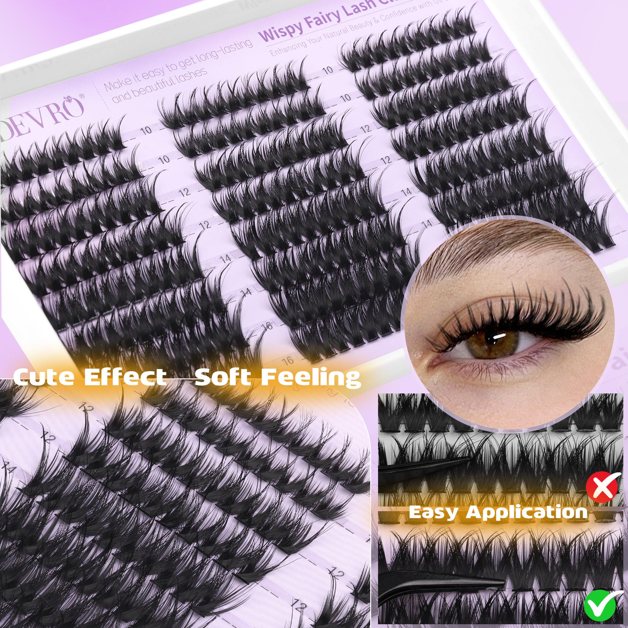 EYDEVRO Fairy Lash Clusters Kit – Wispy 10-16mm Lashes with Bond & Seal, Tweezers & Brushes