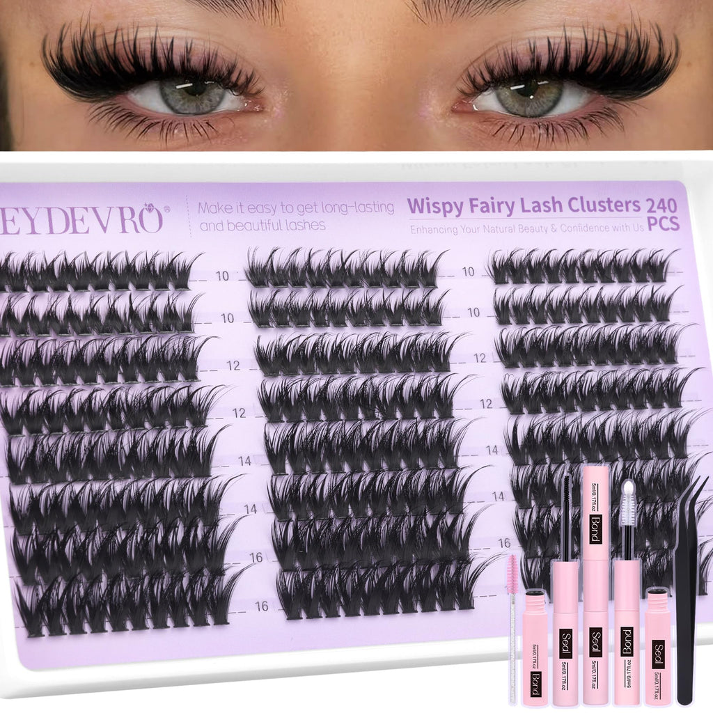 EYDEVRO Fairy Lash Clusters Kit – Wispy 10-16mm Lashes with Bond & Seal, Tweezers & Brushes