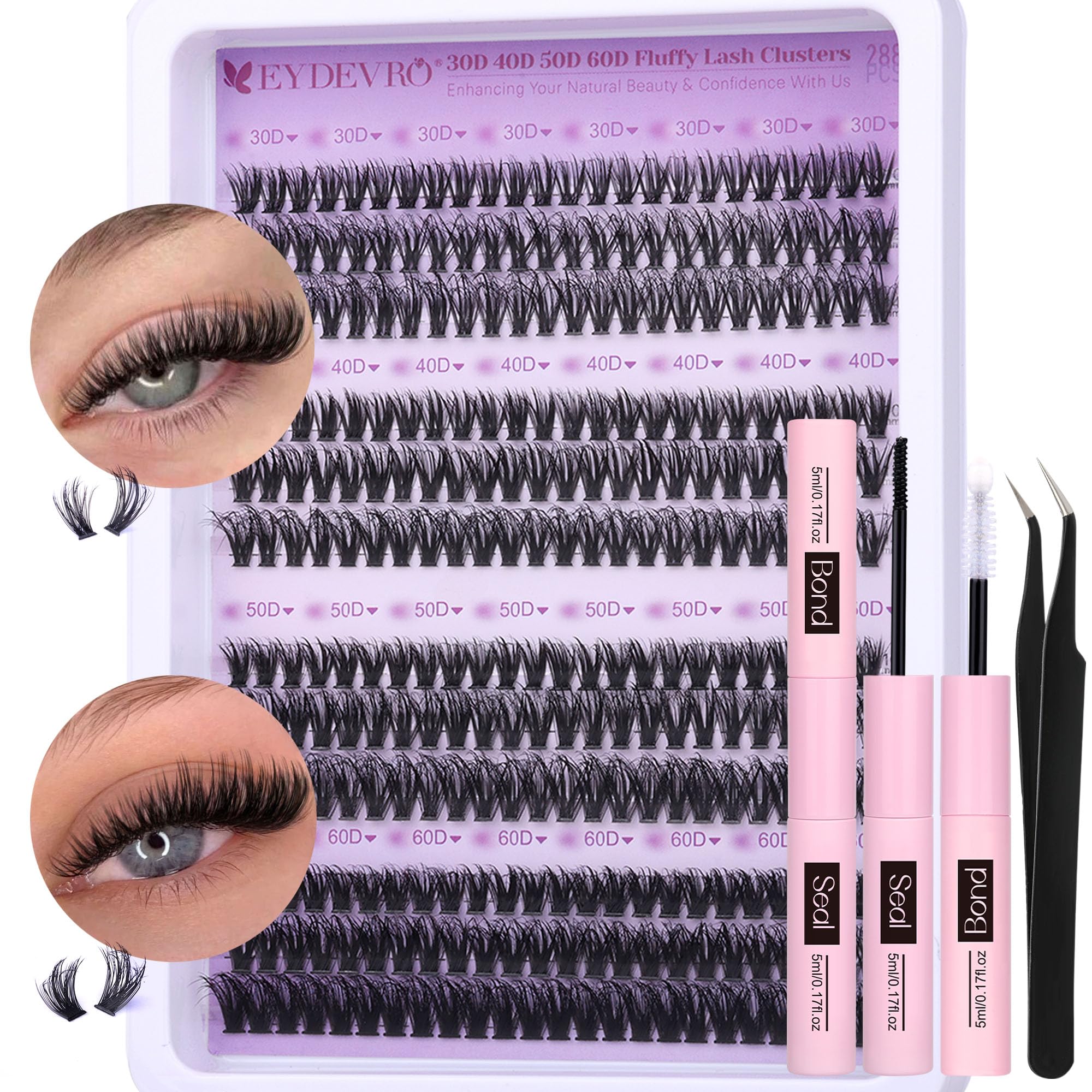 EYDEVRO Lash Clusters Kit 30D-60D – DIY Extensions with Bond, Seal & Tweezers
