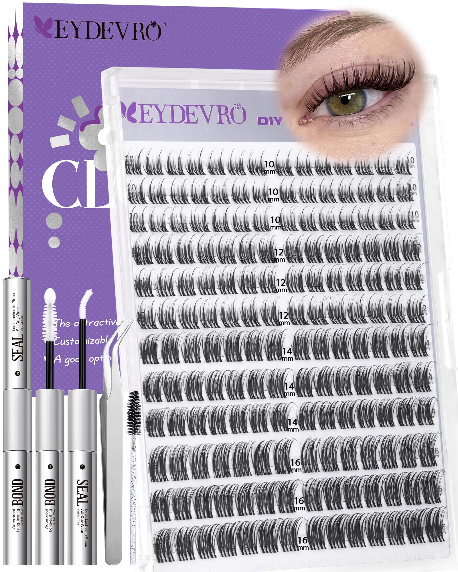 EYDEVRO Natural Lash Clusters Kit - Wispy D-Curl 10-16mm Lashes + Bond & Seal
