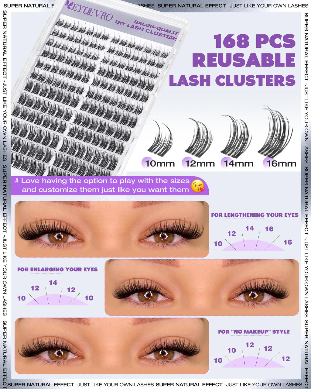 EYDEVRO Natural Lash Clusters Kit - Wispy D-Curl 10-16mm Lashes + Bond & Seal