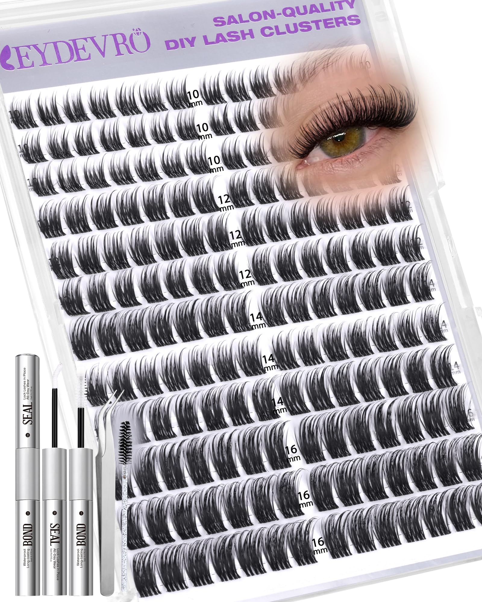 EYDEVRO Wispy Lash Clusters Kit – Natural DIY Lash Extensions, 10-16mm D Curl, Bond & Seal, Tweezers