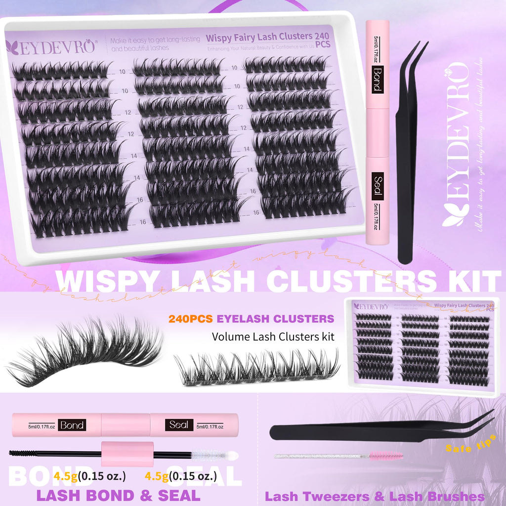 EYDEVRO Fairy Lash Clusters Kit – Wispy 10-16mm Lashes with Bond & Seal, Tweezers & Brushes