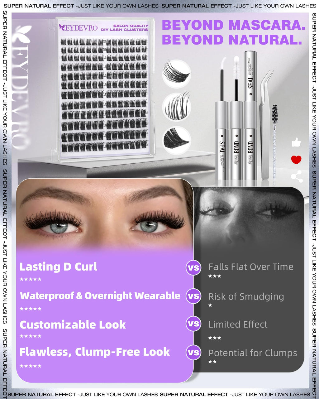 EYDEVRO Wispy Lash Clusters Kit – Natural DIY Lash Extensions, 10-16mm D Curl, Bond & Seal, Tweezers