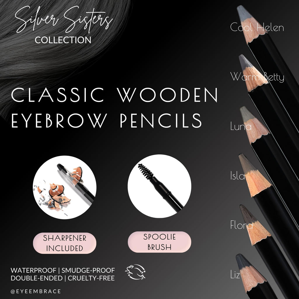 Eye Embrace Liz Classic: Warm Medium Gray Wooden Eyebrow Pencil – Waterproof, Double-Ended with Sharpener & Spoolie, Cruelty-Free